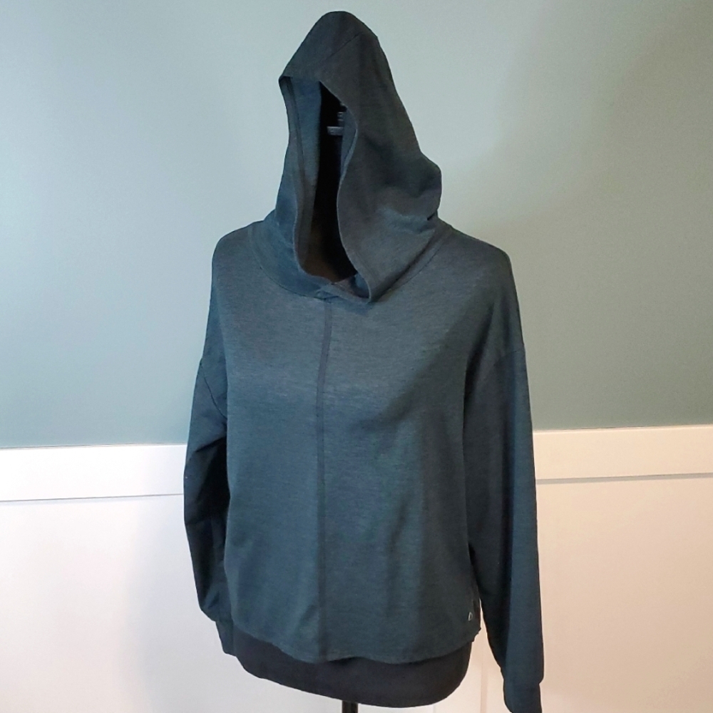 GapFit Brushed Tech Jersey Cropped Oversized Hoodie XS Dark Heathered Teal